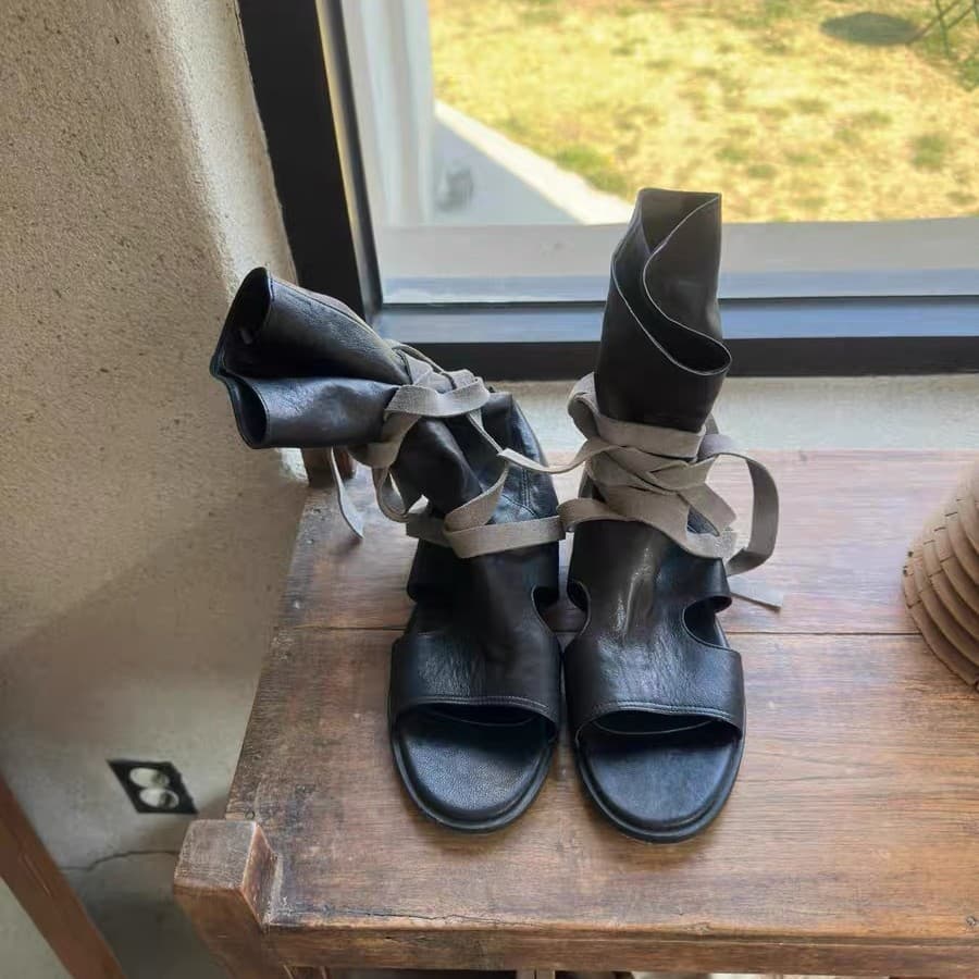 In Stock Sheepskin Version ~ Niche Retro Lace-Up Genuine Leather Flat Sandal Boots for Women, New Summer Style, Open-Toe Thin Mid-Calf Boots