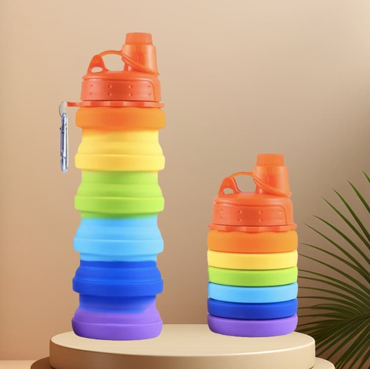 New Cross-Border Silicone Foldable Water Cup Outdoor Sports Water Cup Rainbow Color with Back Strap Retractable Children Water Bottle