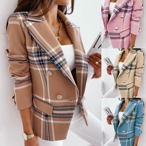 European and American export women's clothing 2024 spring and autumn new style long-sleeved double-breasted plaid print suit jacket for women