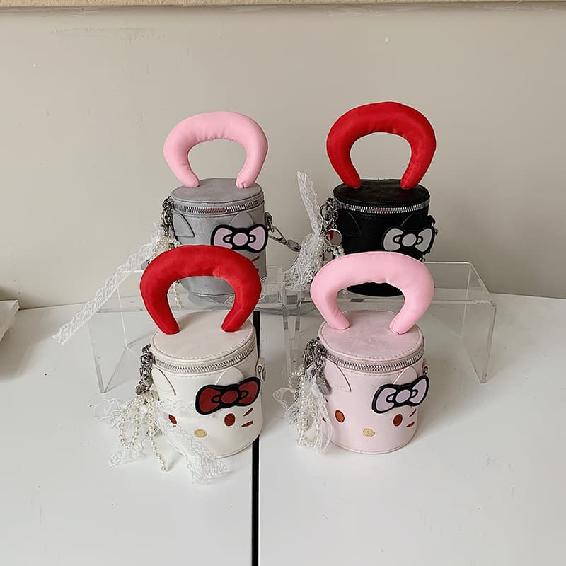 Cartoon cute kitten cylindrical handbag pearl lace pendant for boys and girls crossbody bag children's wear accessories bag