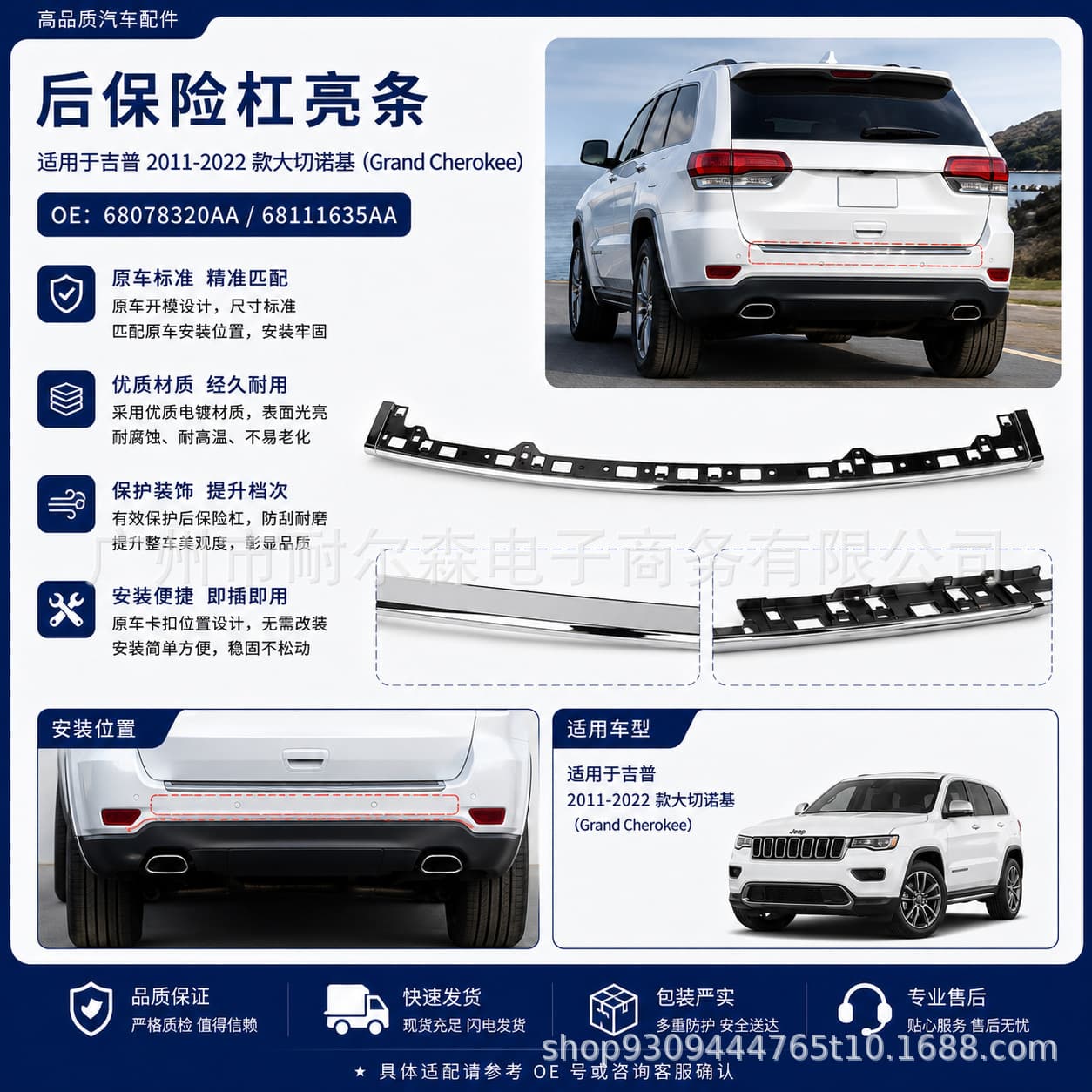 Rear Bumper Trim for Jeep Grand Cherokee 2011-2022 68078320AA 68111635AA