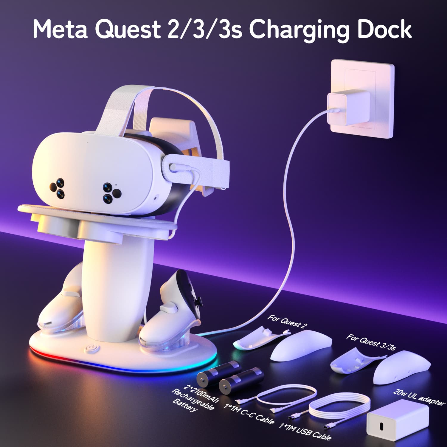 Meta quest2/3/3SVR glasses charging dock with battery kit featuring RGB lighting, magnetic contacts, and fast charging.