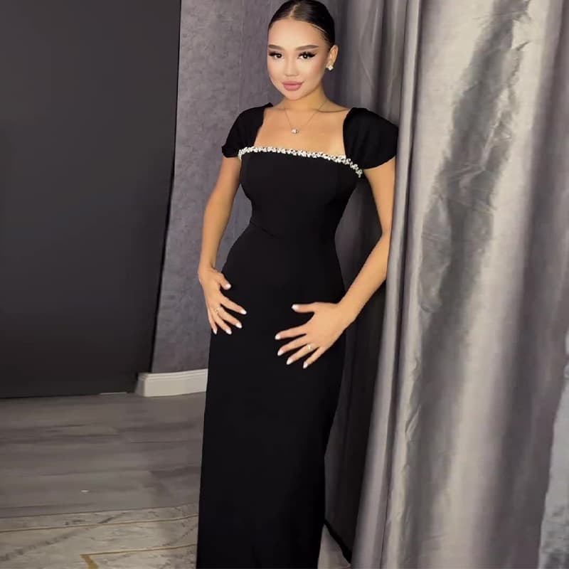 2024 Summer New Arrival European and American Amazon Cross-border Women's Solid Color Square Neck Elegant Rhinestone-Embellished Long Dress