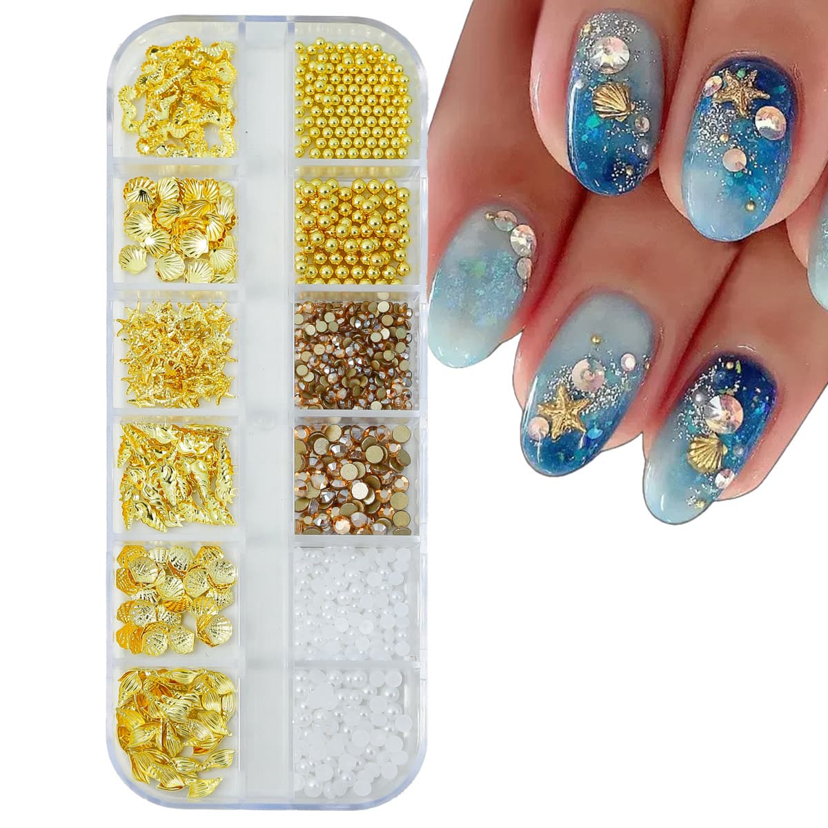 Cross-border 12-grid Ocean Style Nail Art Rivets, Mother-of-Pearl Starfish Shell Pieces, Metal Nail Decorations, Wearable Nails Wholesale Factory