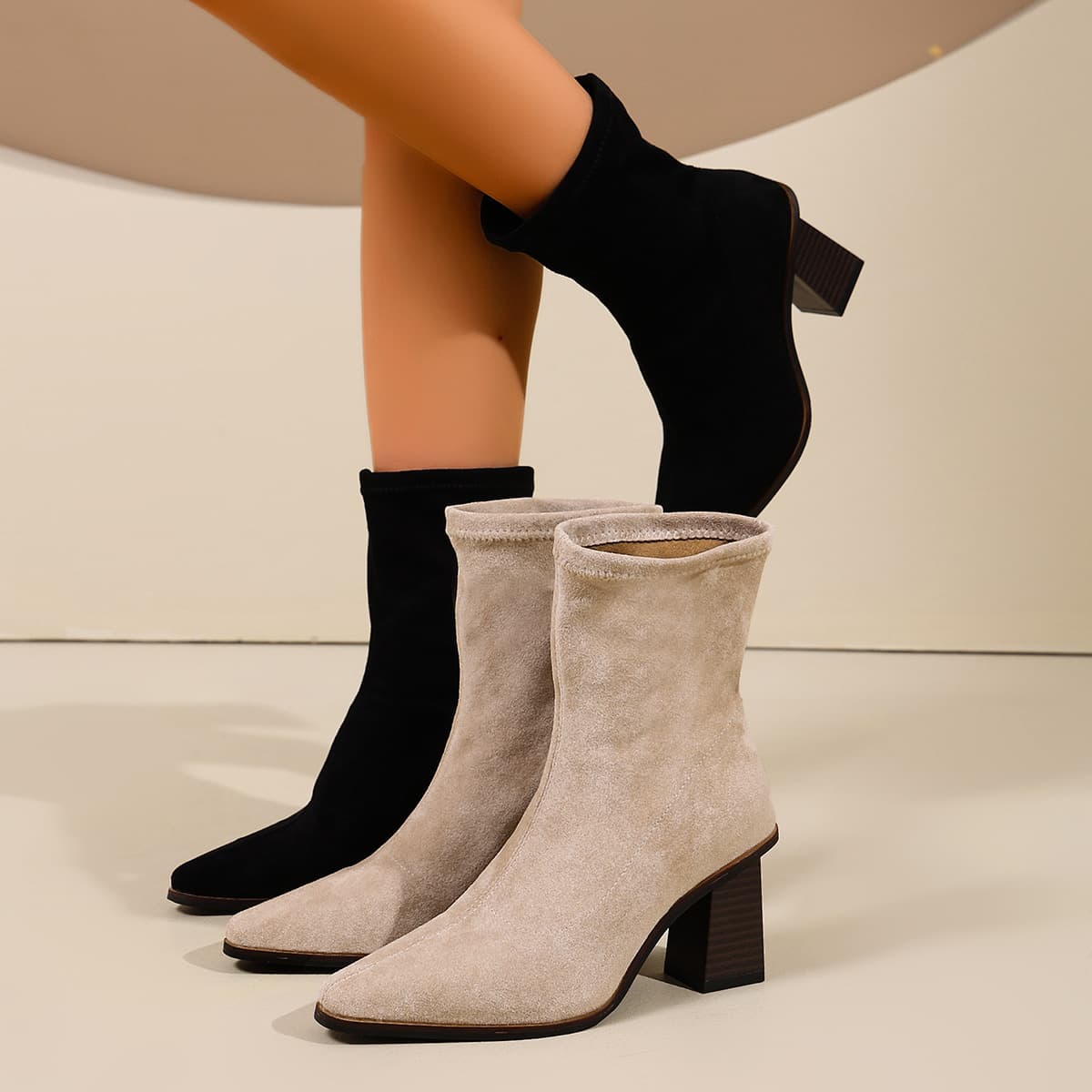 2026 Autumn Winter New Style Women's Martin Boots, Export Suede Pointed Toe Mid Heel Slip On Women's Boots, Stretch Slim Boots Wholesale