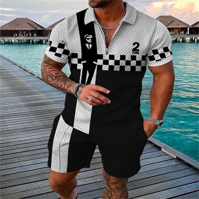 2025 New European and American Cross-Border Men's 3D Polo Shirt Set with Turn-Down Collar Short Sleeve Pullover Casual Men's Set
