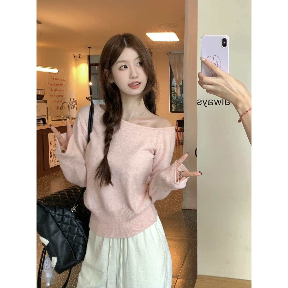 PPHOME sweet temperament oblique shoulder long-sleeved sweater for women in autumn gentle design loose soft waxy sweater top