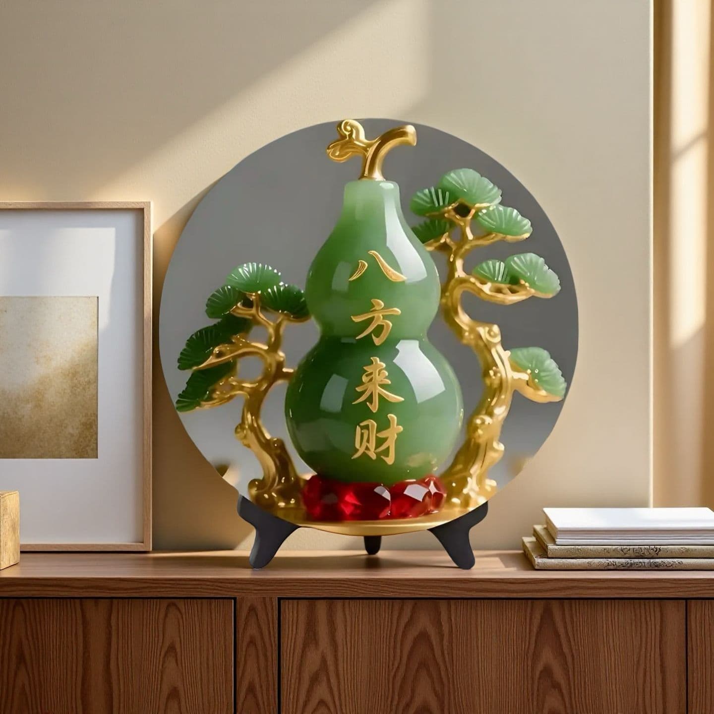 Wealth from All Directions Jade Gourd Display Stand for Living Room, Home Auspicious Decoration, Desktop Green Jade Gourd Ornament, Household Entryway Decor