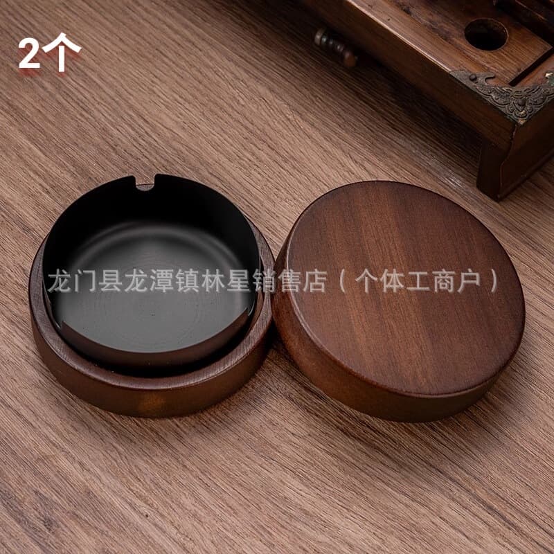 Solid wood ashtray anti-fly ash ashtray home living room with cover office ornaments wooden light luxury high-end ashtray