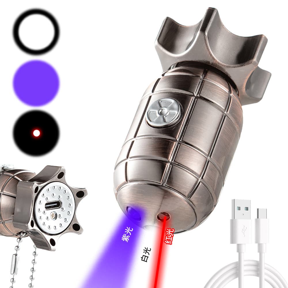 Three-in-One Hand Grenade Laser Pointer Cat Teaser Purple Light White Light Spinning Top Keychain Laser Light Type-C Charging