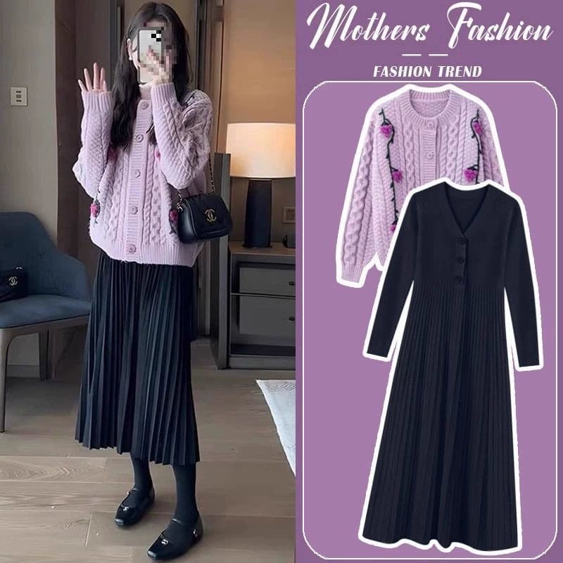 Maternity Spring/Autumn Dress Set New Fashion Sweater Jacket with Inner Knit Lining Long Dress Two-piece