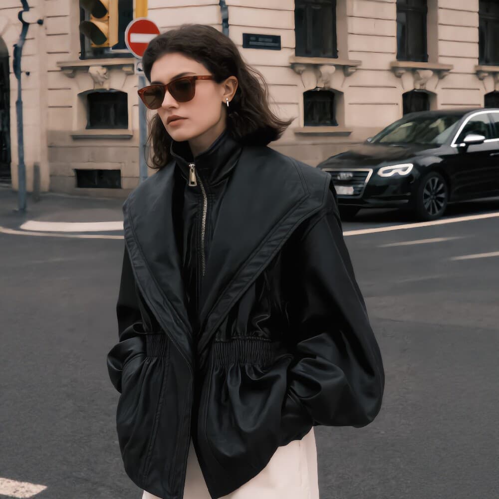 European & American Style Stand Collar Faux Leather Jacket for Women Loose Versatile Long-Sleeve Motorcycle Jacket Retro Patchwork Design Leather Coat