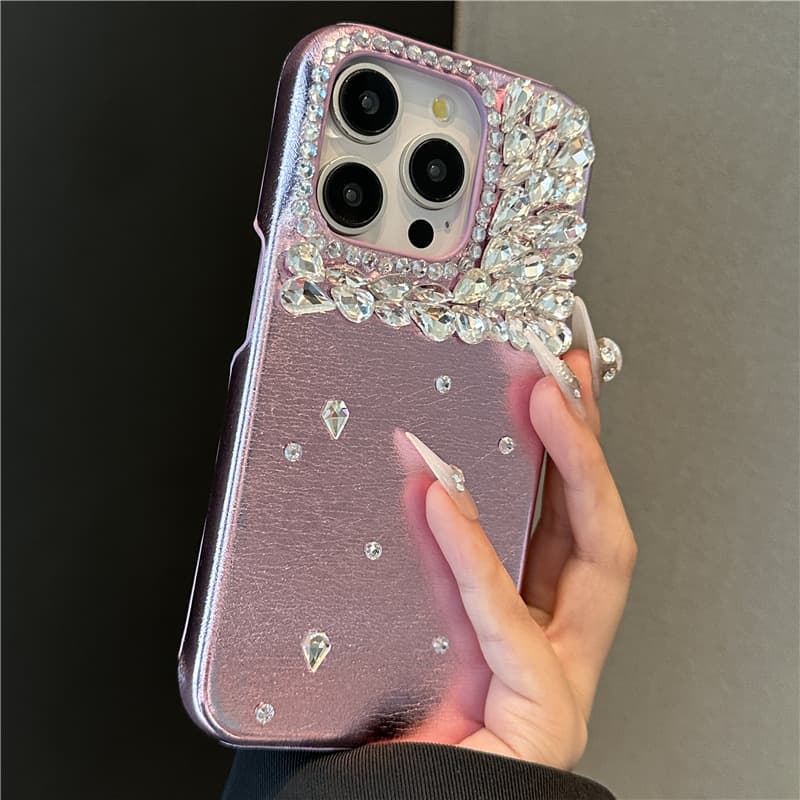 Cross-border Compatible with iPhone 15 Pro Max Pink Crinkle Texture Rhinestone Phone Case Apple 14 Light Luxury 13 High-end Women