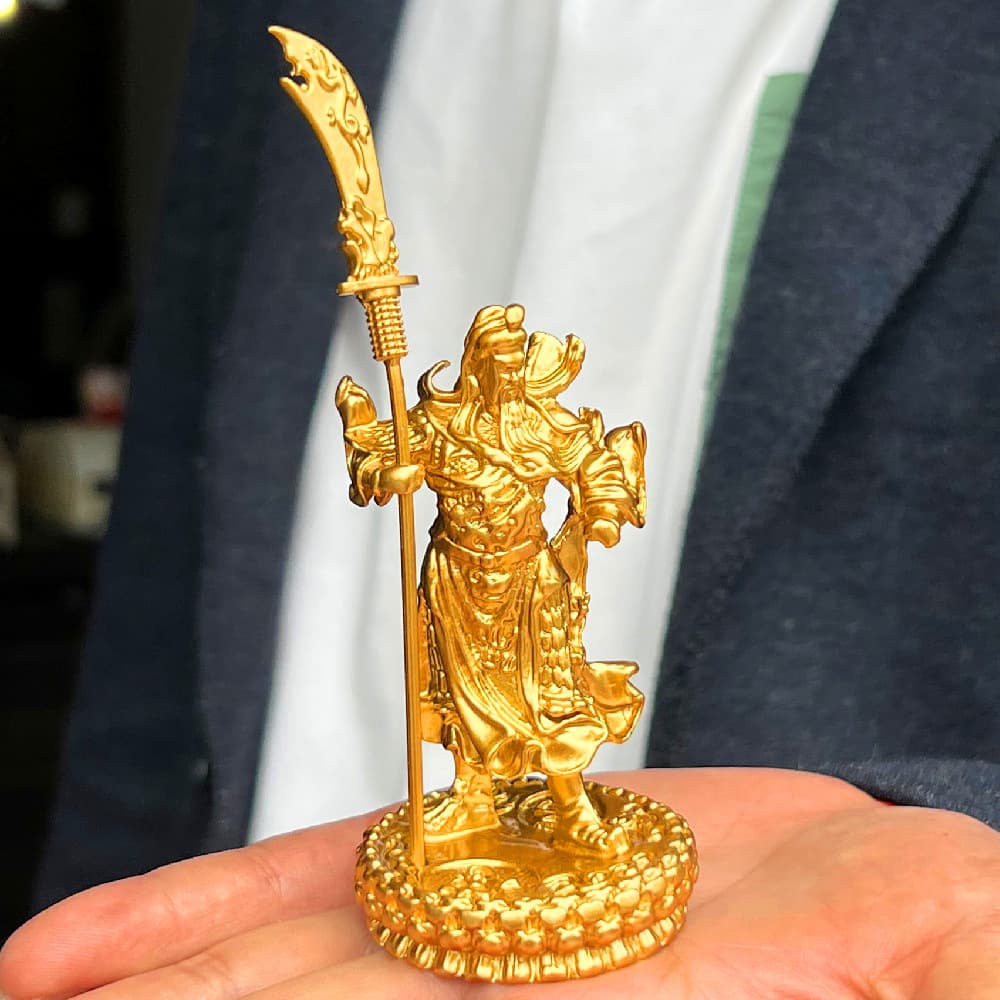 Brass Majestic Guan Gong, Warrior Saint Guan Yu (Brave and Wise), Five Tiger Generals Entryway Ornament with Green Dragon Crescent Blade