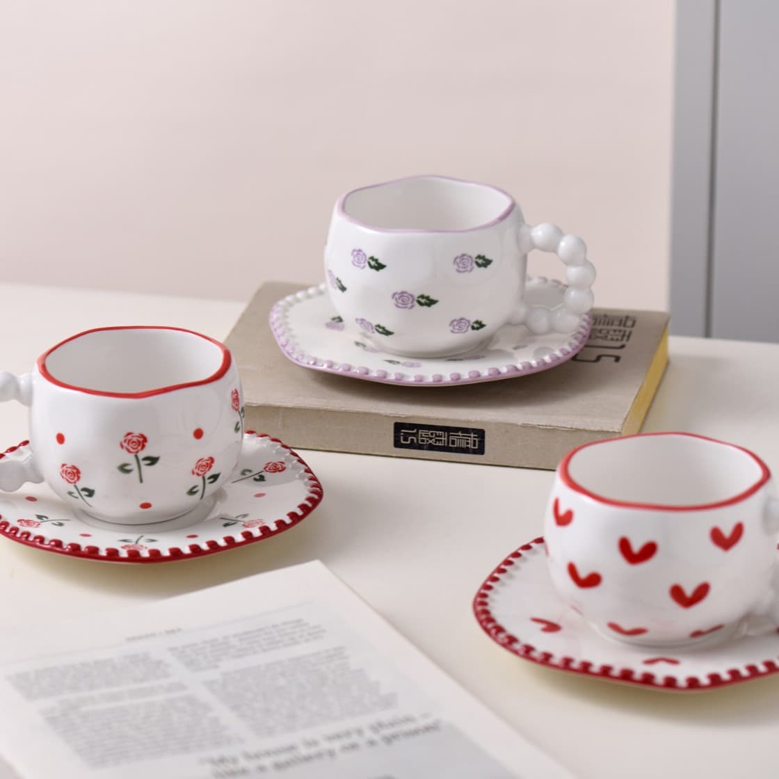 Ins-style Japanese Retro Ceramic Coffee Cup and Saucer Set, Hand-Pinched, Hand-Painted Irregular Cup and Saucer, High-Aesthetic Dessert Plate