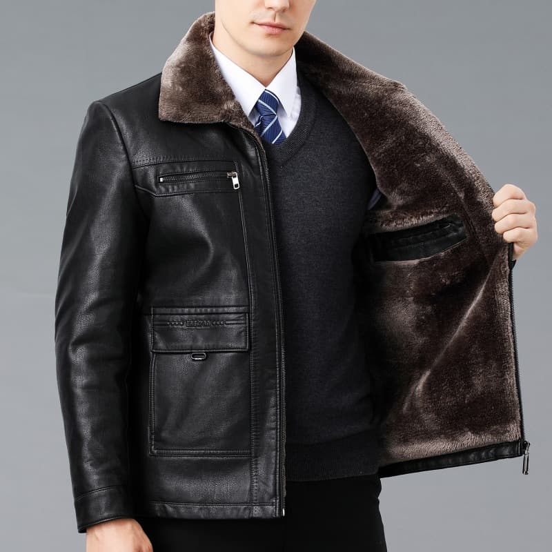 Genuine leather jacket for men, shearling-lined leather coat, Haining winter style, lapel, fleece-lined, thickened, dad-style sheepskin coat.