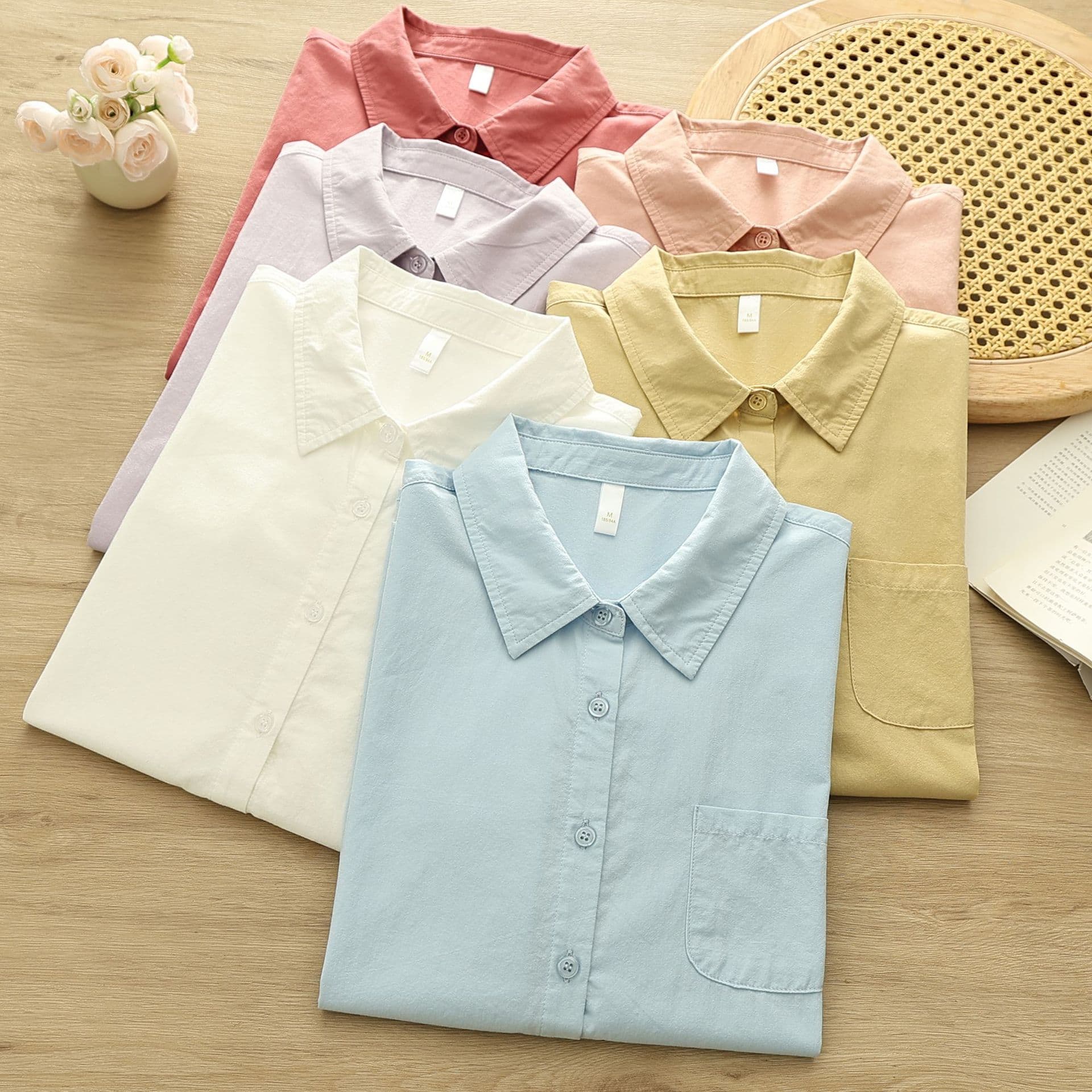 Factory direct sales pure cotton literary Polo collar women's short-sleeved shirt simple and versatile small fresh women's short-sleeved shirt
