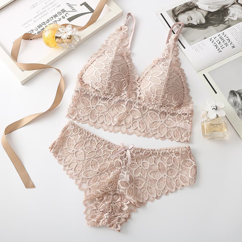 Women's Bra Set Summer Breathable Skin-Friendly French Bra Wire-Free Sexy Lace Underwear Two-Piece Set