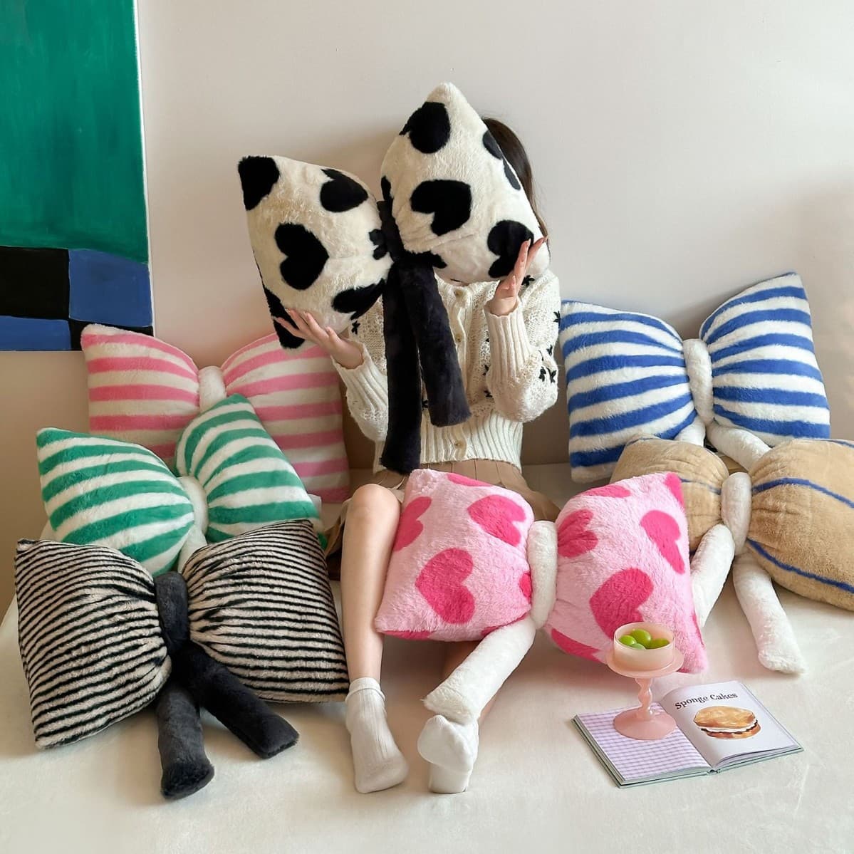 Rabbit Fleece Bow Pillow Doll Home Sofa Pillow Living Room Bedroom Car Cushion Pillow with Core