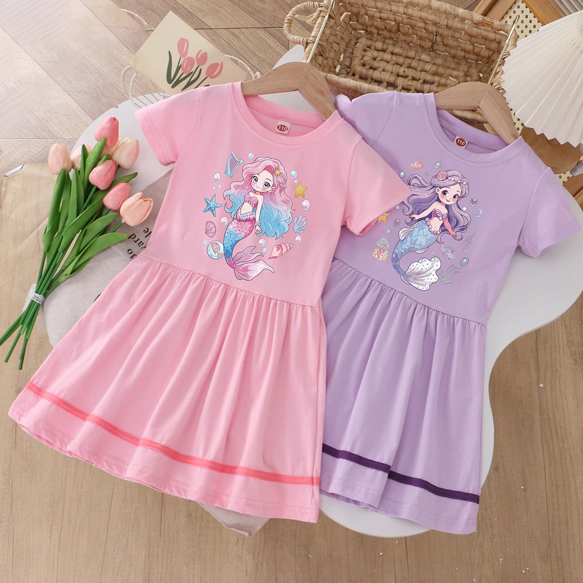 2026 Girls Dress Summer Cotton Short Sleeve Little Mermaid Cute Princess Dress Drop Shipping