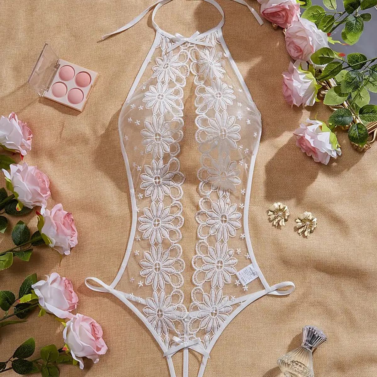 Hot flower embroidery see-through teddy babydoll hollow backless crotch jumpsuit women's sexy underwear