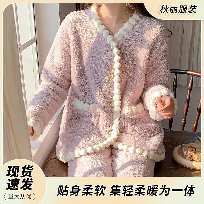Coral Fleece 2025 Winter Thermal Pajamas Thickened and Fleece-Lined Simple Homewear Loose Fit Suitable for Outdoor Wear