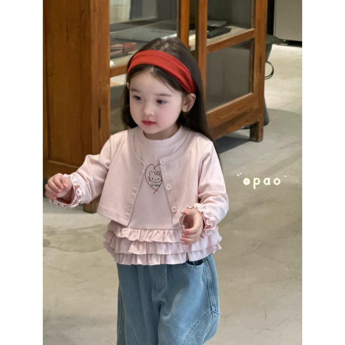 Sweet little girl children's clothing autumn new style baby kt cat ruffled fake two-piece T-shirt top bottoming shirt Korean version