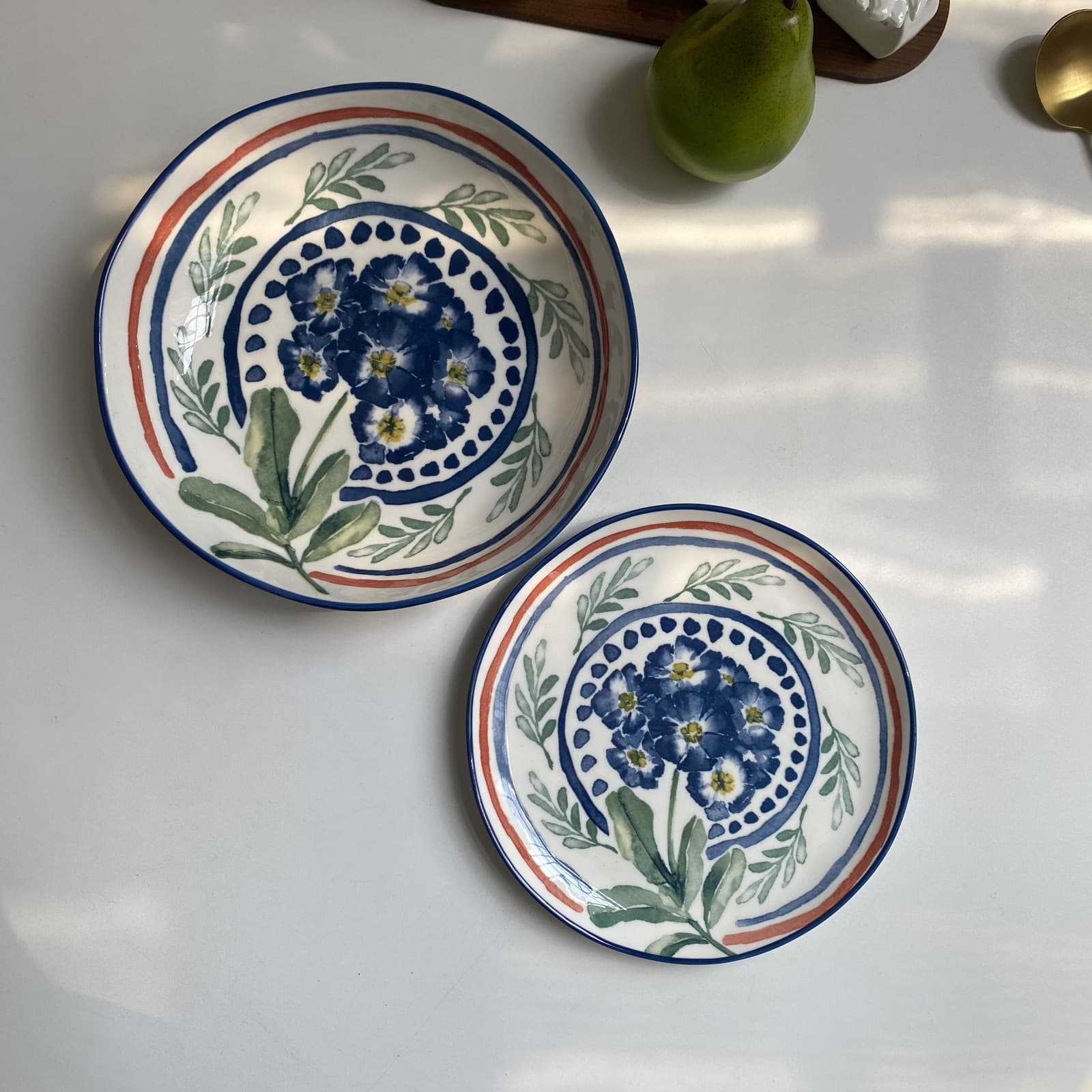 Original Surplus Stock, High Aesthetic Hand-Painted Ceramic Underglaze Plates, Household Deep Soup Plates, Wooden High-Footed Fruit Plates
