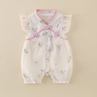 Baby Summer Wear 0-12 Months Girl Cute New Chinese Style Small Flower Button Romper Newborn Super Cute Onesie