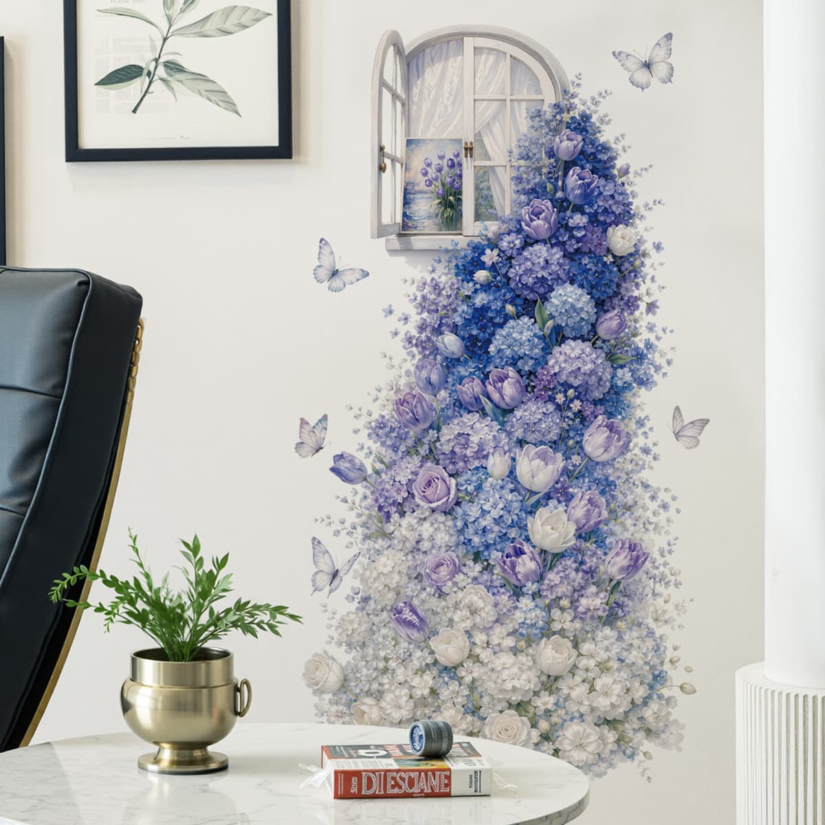 Blue Floral Scene Arrangement Stickers, Fresh Green Plant Wall Stickers, Living Room and Bedroom Decorative Self-Adhesive Wall Stickers 68034