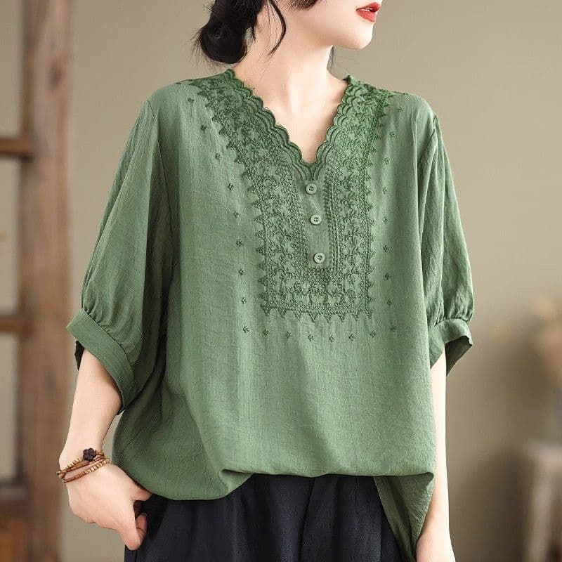 Cross-border Artistic Plus Size Women's Cotton Linen T-Shirt Summer Retro Loose Three-quarter Sleeve Top New Mother's Summer Wear