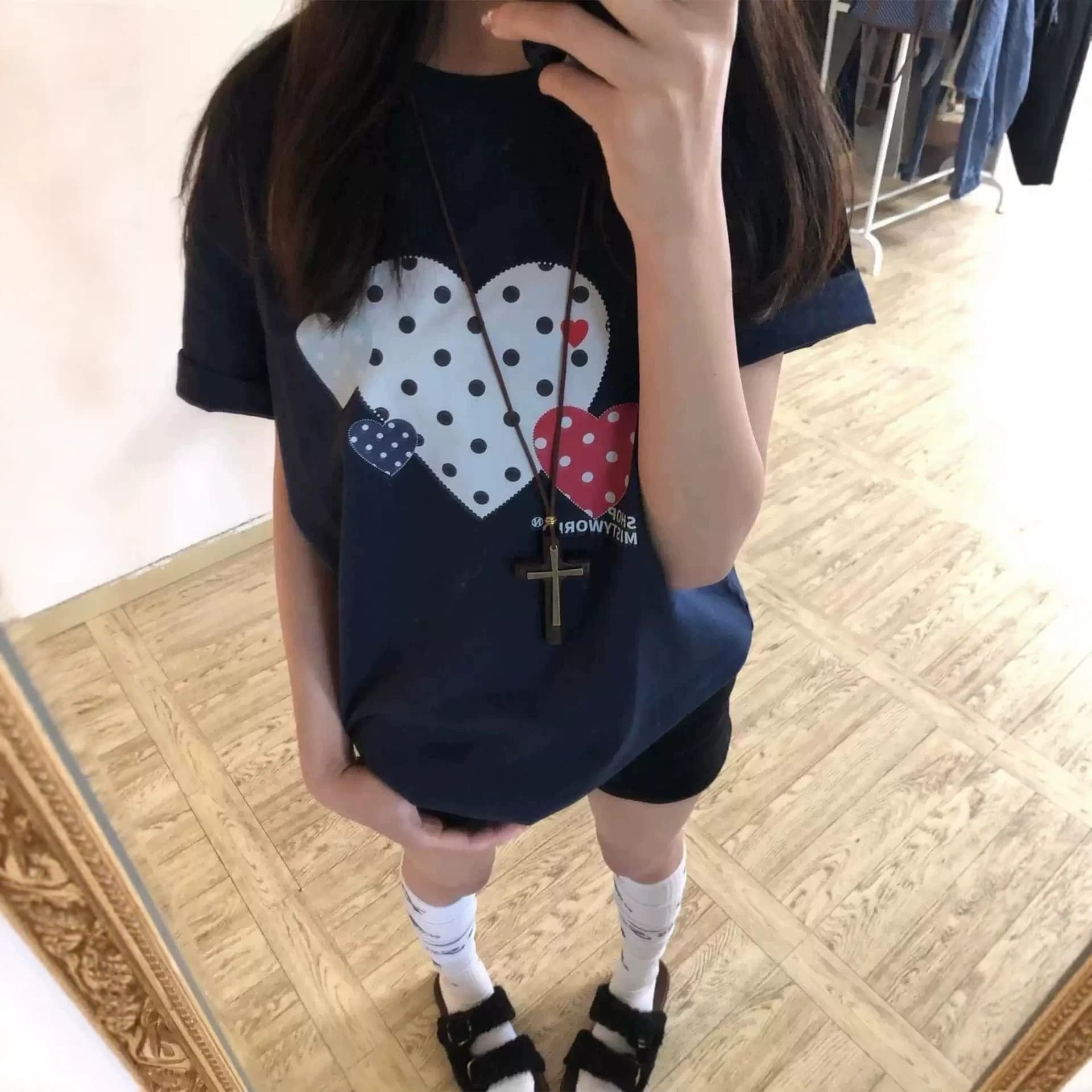 Korean Style Plus Size Cotton Heart Print Short Sleeve T-Shirt for Women Summer New Casual Loose Cute Ins Top