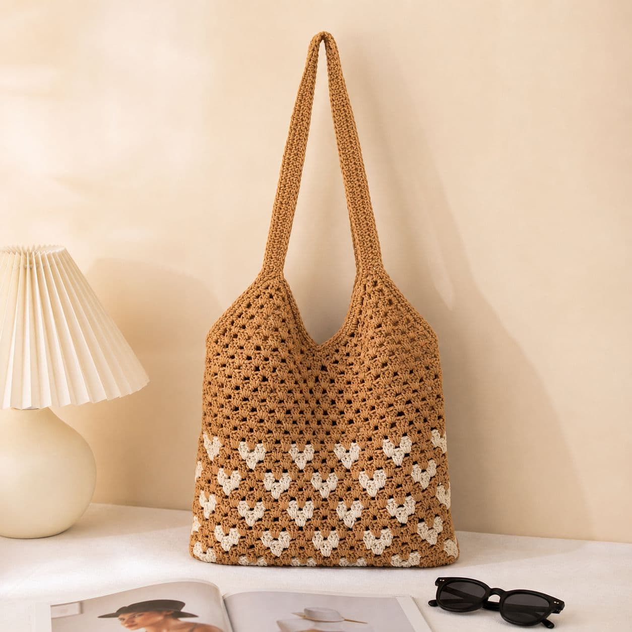 New cotton thread hand-woven bag, versatile shoulder bag, vacation-style beach bag, large-capacity tote bag for women