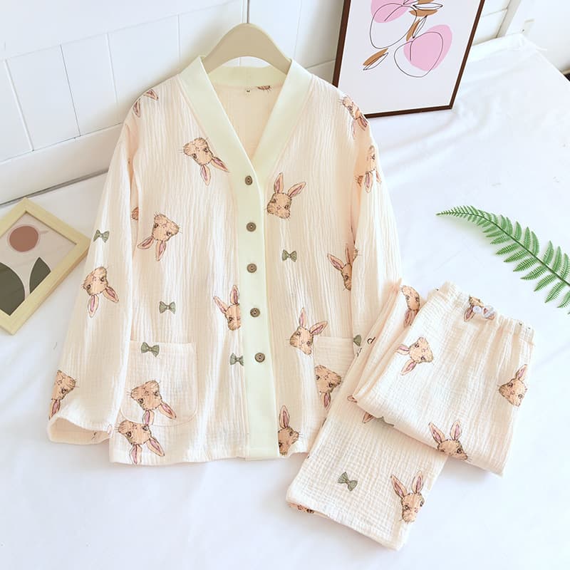 Rabbit Crepe Maternity Sleepwear Set Spring Summer Thin Pajamas Cotton Long Sleeve Long Pants Crepe Nursing Top Set
