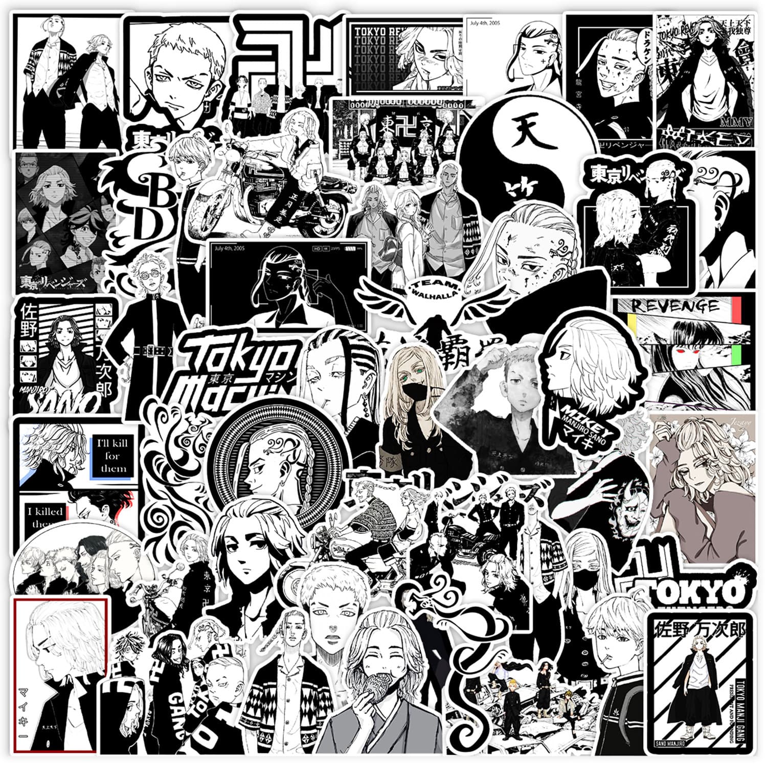 50pcs Black and White Tokyo Revengers Graffiti Stickers for Phone, Cup, Computer Decoration, Waterproof, Wholesale