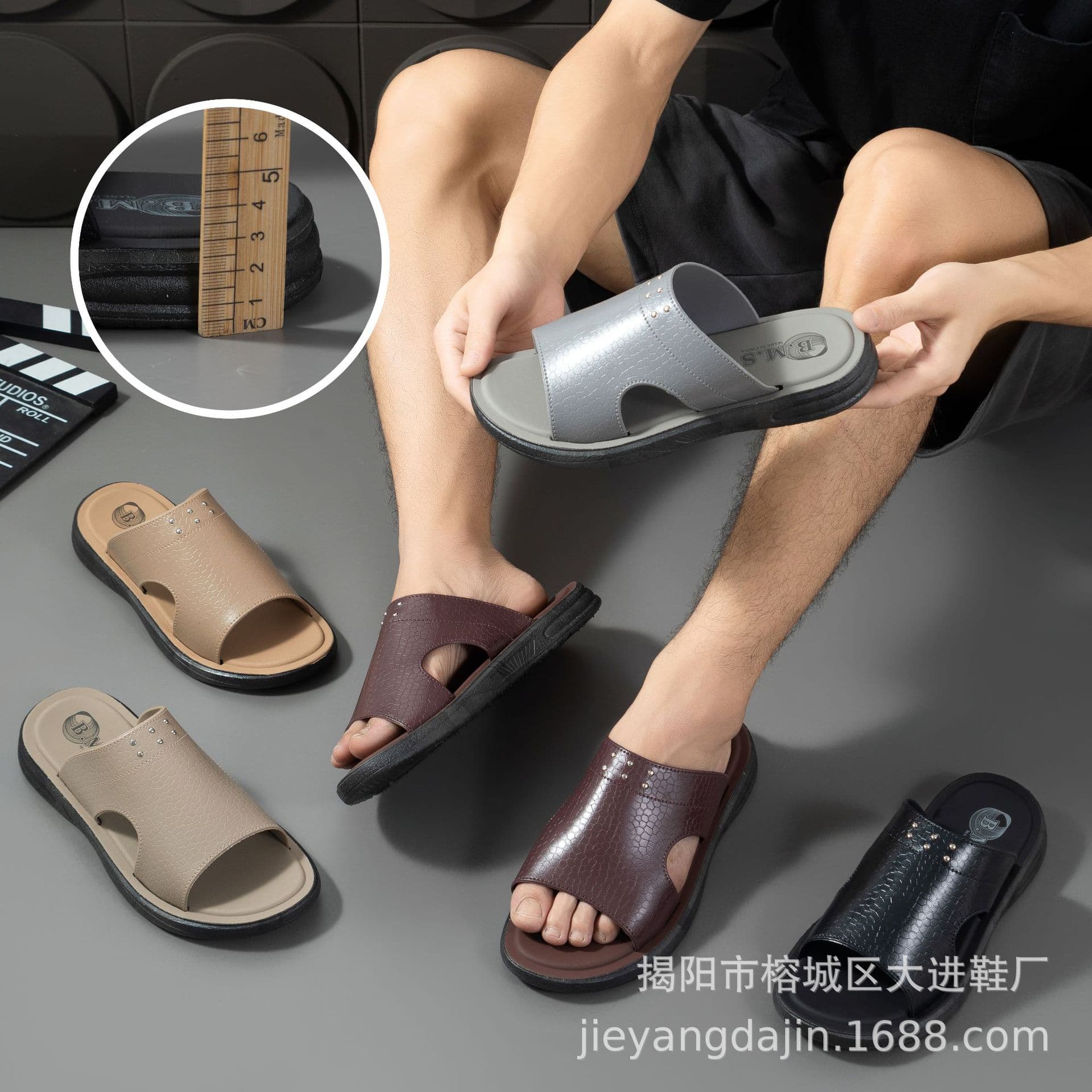 Men's Genuine Leather Summer Sandals, Casual Non-Slip Beach Slides