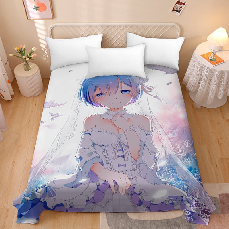Anime 2D Anime Character Rem Custom 3D Beauty Bed Sheet Single Piece for Student Dormitory 1.9m