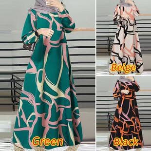 In Stock Cross-Border New Style Printed Robe Dress Malay Dress Full Sleeve Round Neck Long Robe Long Dress Factory Wholesale