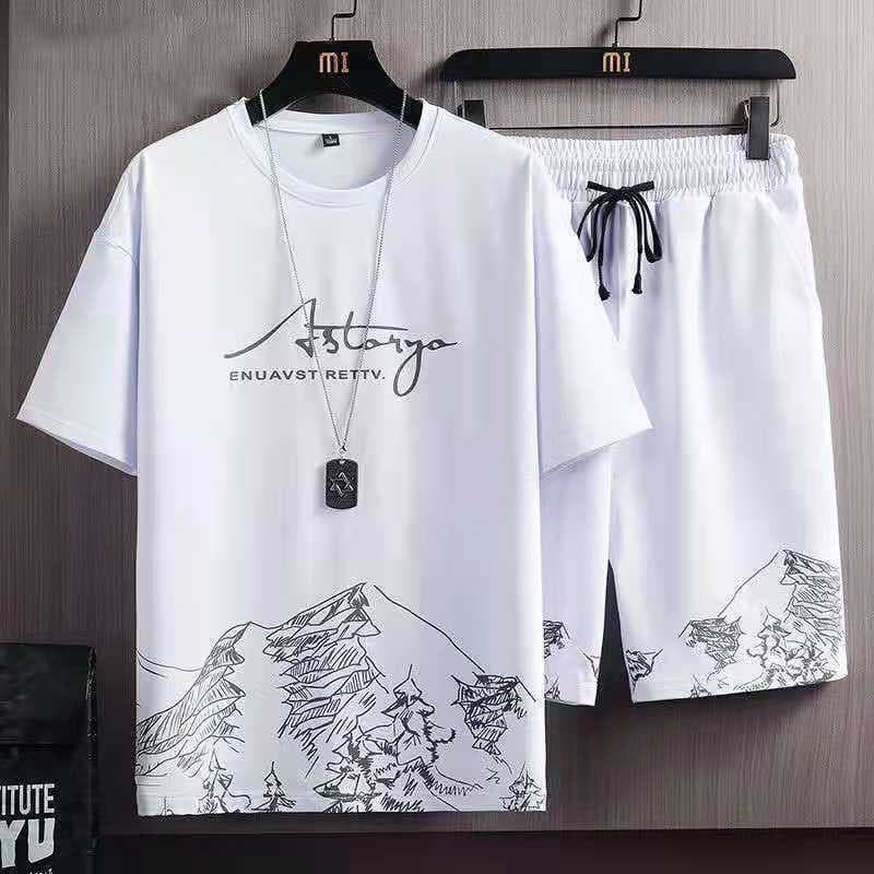 Summer Men's Fashion New Style Ice Silk Set Casual Summer Versatile Teen Boys Loose T-Shirt