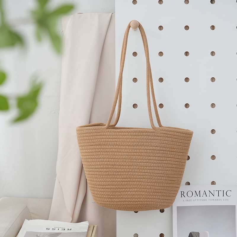 Japanese-style New Fashion Cotton Rope Woven Shoulder Bag Open Top Simple Solid Color Commuter Casual Beach Wholesale