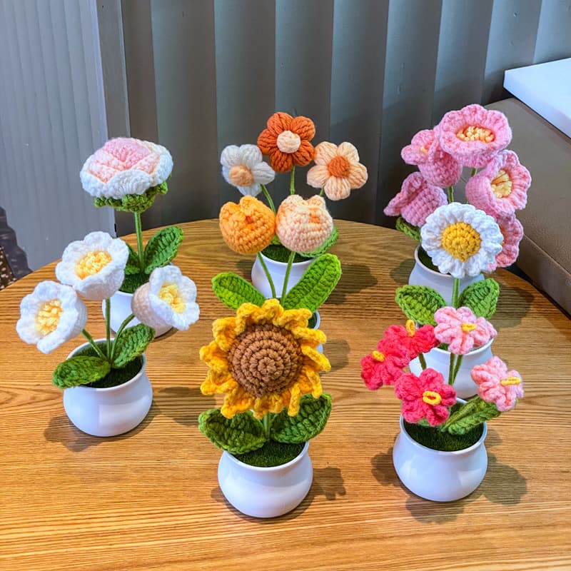 Finished Handwoven Lily of the Valley Potted Plant Home Ornament, Knitted Simulated Flower Yarn Crocheted Sunflower Bouquet Gift