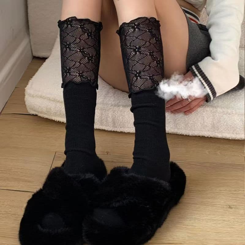 White lace mid-calf socks for women, spring and autumn style, ruffled trim, calf-length socks, patchwork design.