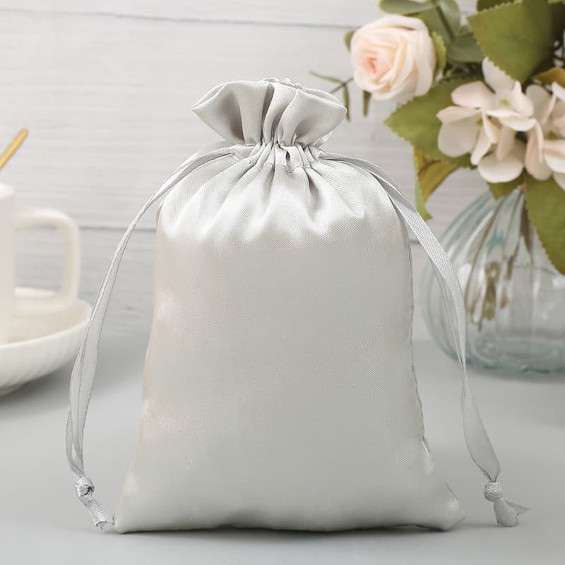 Satin Drawstring Cosmetic Bag with Ribbon, Gold and Silver Small Pouch, Imitation Silk Printed Logo Cloth Bag