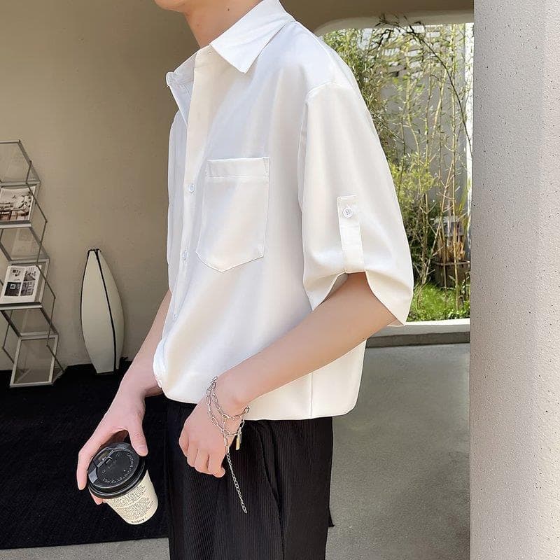 cityboy white Japanese boyish short-sleeved shirt men's summer vintage shirt American workwear jacket trendy