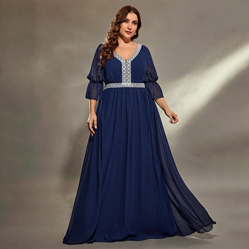 Wholesale Cross-Border New Banquet Design Plus Size Dress Heavy Work Deep V-Neck Sequin Gown Long Women's