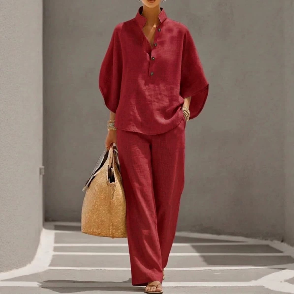 2026 Summer Women's Casual Loose Solid Color Zip Round Neck Wide Leg Pants Set New Arrival