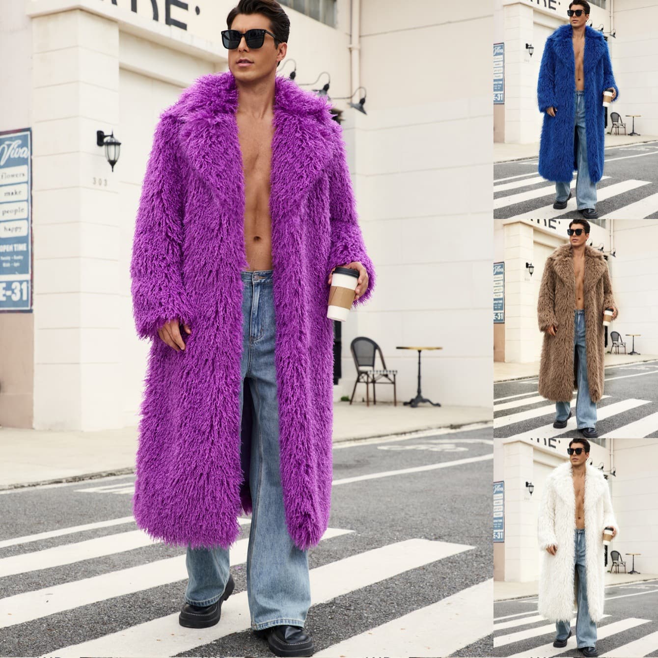 European and American New Fall/Winter Men's Faux Fur Shawl Collar Coat, Faux Shearling Long Street Style Overcoat