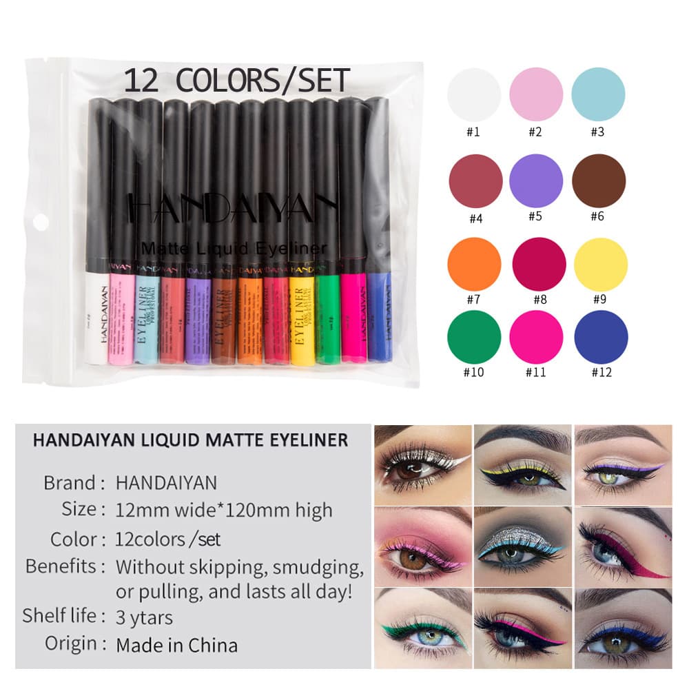 Cross-Border Colorful Eyeliner Pen 12-Piece Set Handaiyan Matte Liquid Eyeliner Waterproof Sweat-Proof Liquid Eyeliner Pen