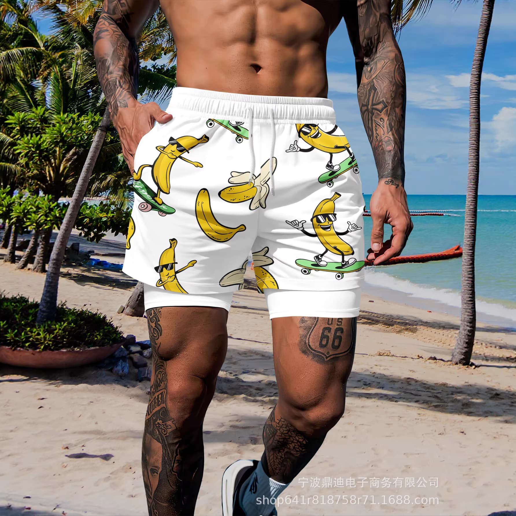 2026 European and American Men's Double-Layer Beach Shorts Casual Shorts Fashionable Trendy Loose Fit