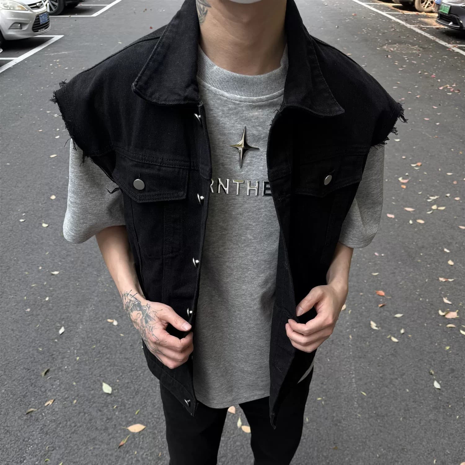 Black American Vintage Raw Hem Short Denim Vest Men's Jacket Trendy Sleeveless Waistcoat Washed Workwear Coat